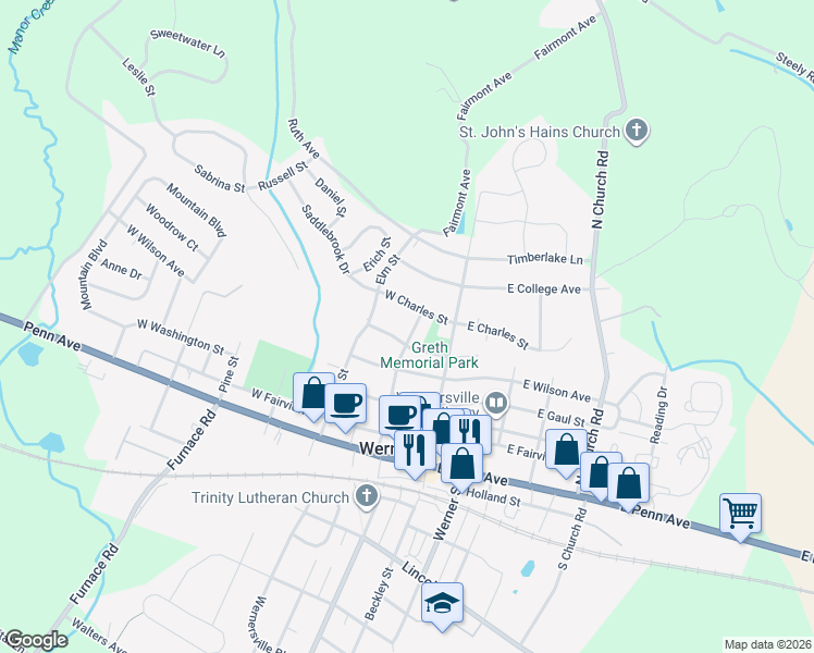 map of restaurants, bars, coffee shops, grocery stores, and more near 425 North Walnut Street in Wernersville