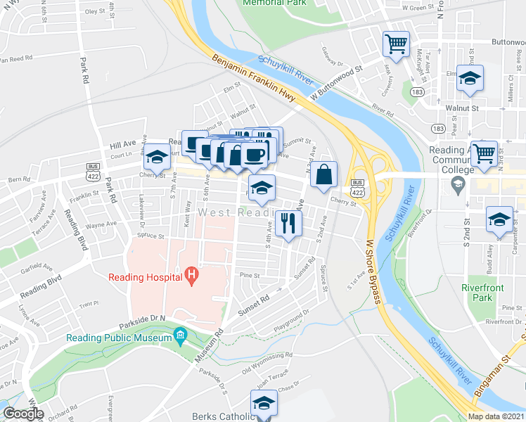 map of restaurants, bars, coffee shops, grocery stores, and more near 421 Chestnut Street in West Reading