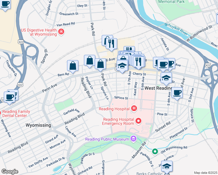 map of restaurants, bars, coffee shops, grocery stores, and more near 130 South Park Road in Wyomissing