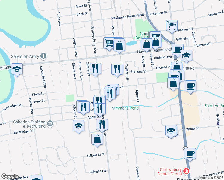 map of restaurants, bars, coffee shops, grocery stores, and more near 180 Patterson Avenue in Shrewsbury