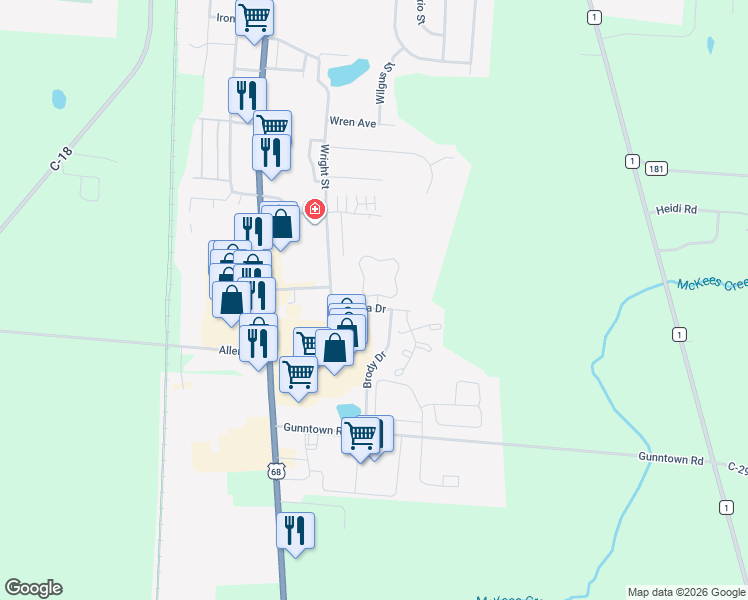 map of restaurants, bars, coffee shops, grocery stores, and more near 403 Woodside Place in Bellefontaine
