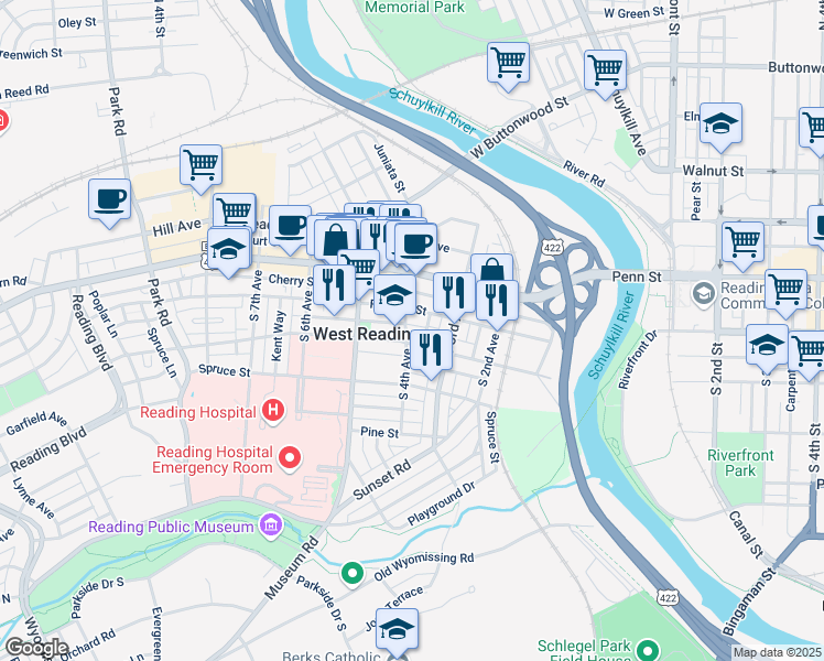map of restaurants, bars, coffee shops, grocery stores, and more near 121 Obold Street in West Reading