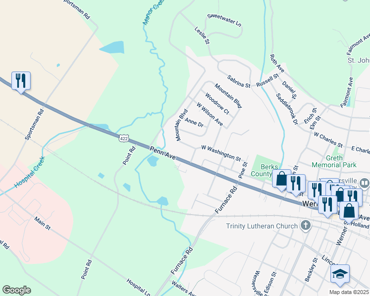 map of restaurants, bars, coffee shops, grocery stores, and more near 72 Mountain Boulevard in Wernersville