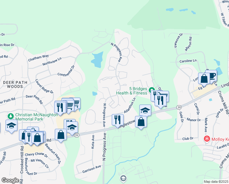 map of restaurants, bars, coffee shops, grocery stores, and more near 118 South Timber Court in Harrisburg