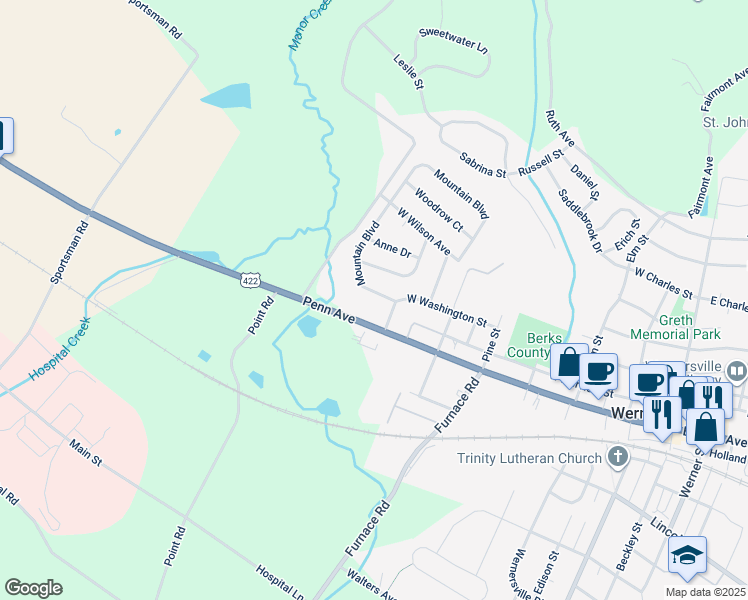 map of restaurants, bars, coffee shops, grocery stores, and more near 72 Mountain Boulevard in Wernersville