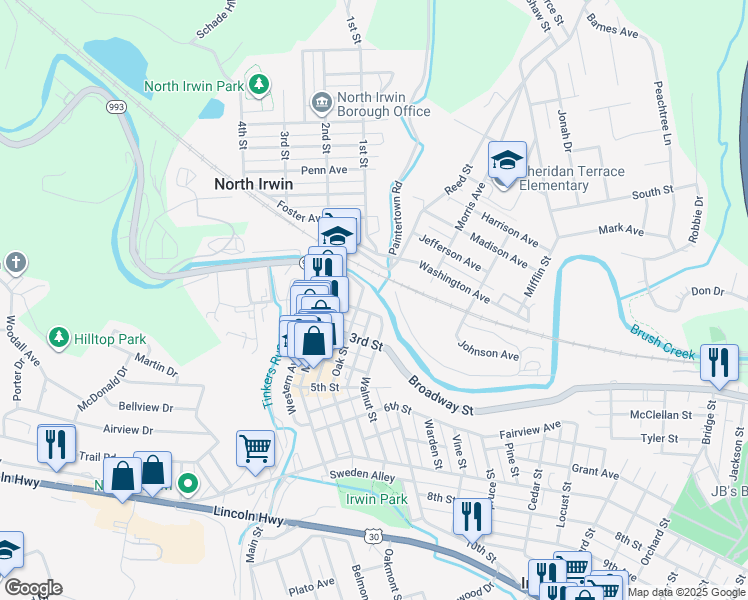 map of restaurants, bars, coffee shops, grocery stores, and more near 305 2nd St in Irwin