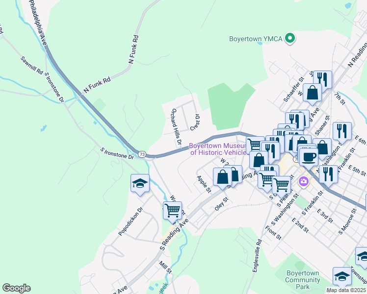 map of restaurants, bars, coffee shops, grocery stores, and more near 43 Orchard Lane in Boyertown