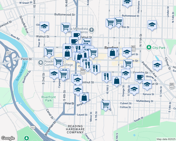 map of restaurants, bars, coffee shops, grocery stores, and more near 610 Franklin Street in Reading