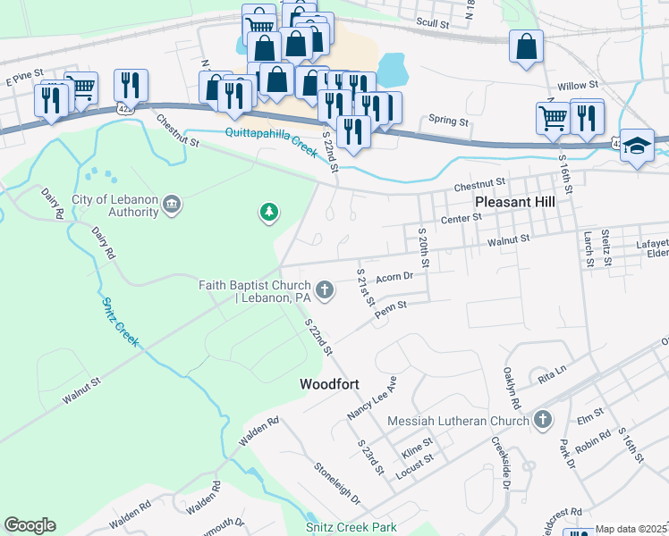 map of restaurants, bars, coffee shops, grocery stores, and more near 2139 Acorn Court in Lebanon