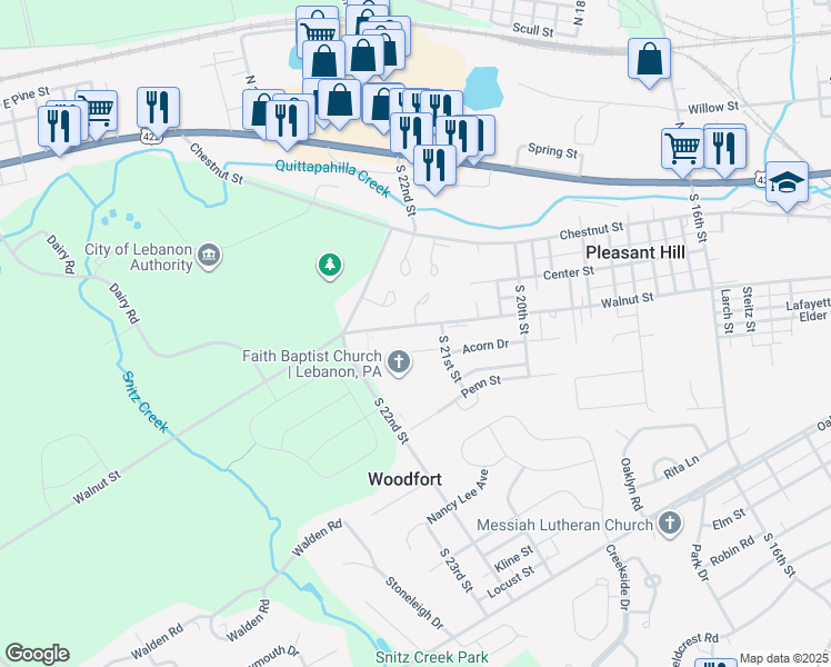 map of restaurants, bars, coffee shops, grocery stores, and more near 2139 Acorn Court in Lebanon