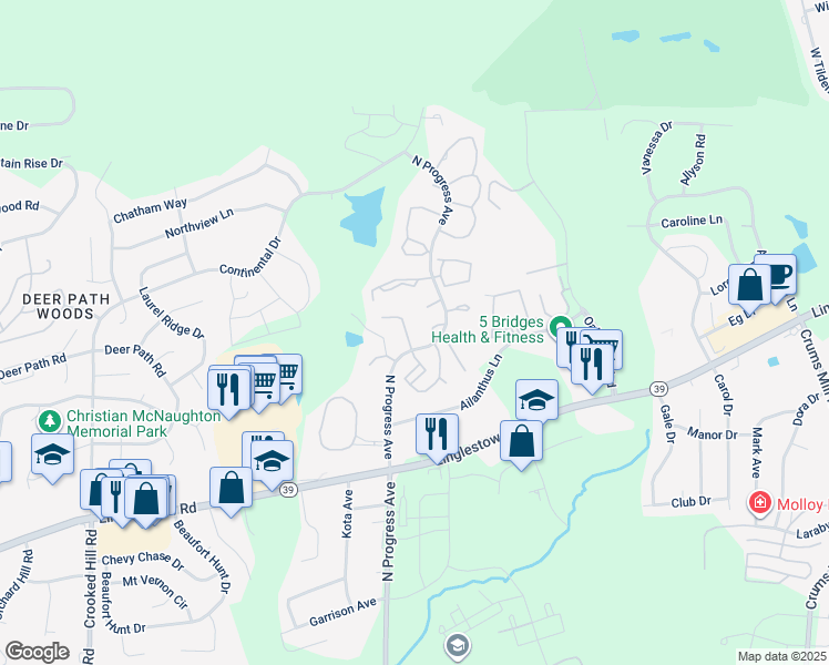 map of restaurants, bars, coffee shops, grocery stores, and more near 4503 Hillside Court in Harrisburg