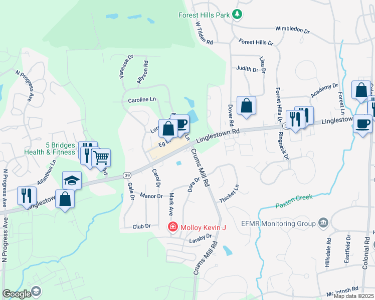 map of restaurants, bars, coffee shops, grocery stores, and more near 3971 Linglestown Road in Harrisburg