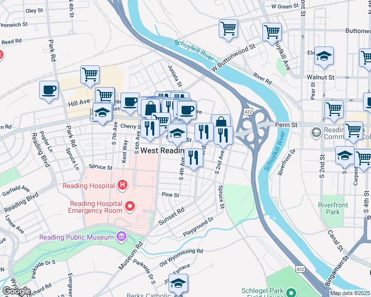 map of restaurants, bars, coffee shops, grocery stores, and more near 123 South 4th Avenue in West Reading