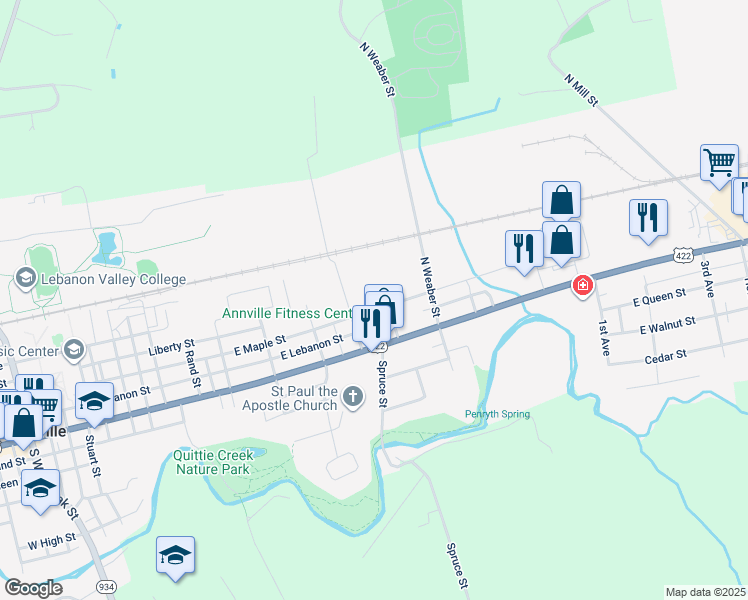 map of restaurants, bars, coffee shops, grocery stores, and more near 827 East Maple Street in Annville