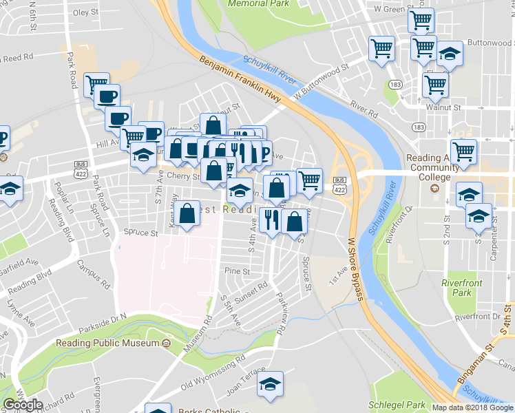 map of restaurants, bars, coffee shops, grocery stores, and more near 123 South 4th Avenue in West Reading
