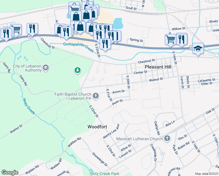 map of restaurants, bars, coffee shops, grocery stores, and more near 2096 Walnut Street in Lebanon