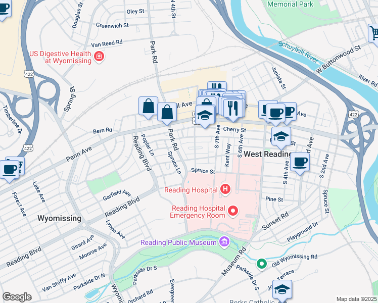 map of restaurants, bars, coffee shops, grocery stores, and more near 803 Wayne Avenue in Wyomissing