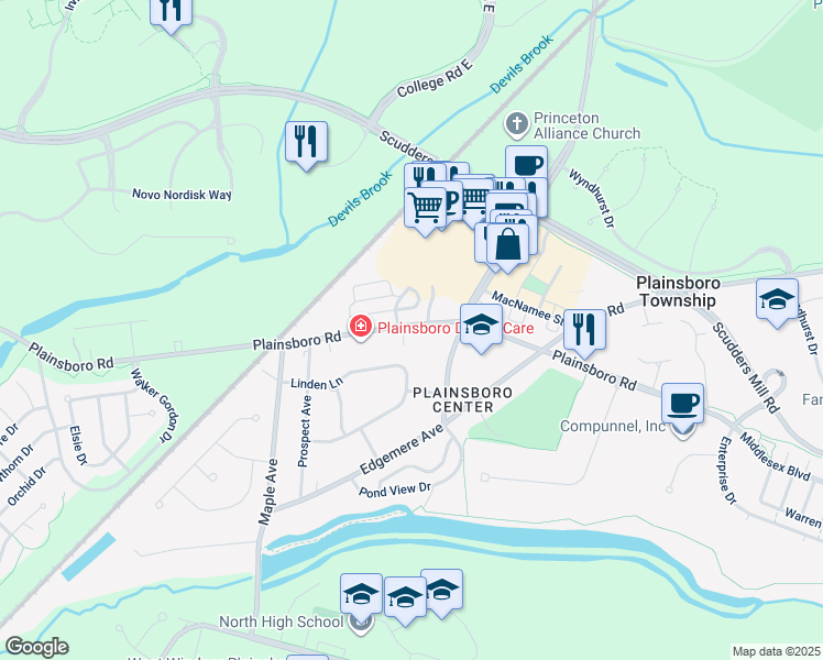 map of restaurants, bars, coffee shops, grocery stores, and more near 432 Plainsboro Road in Plainsboro Center
