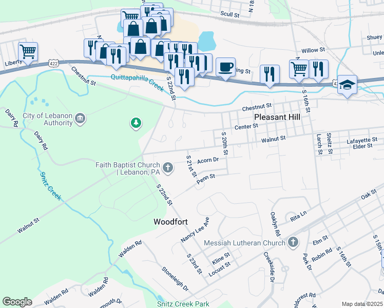 map of restaurants, bars, coffee shops, grocery stores, and more near 2096 Walnut Street in Lebanon