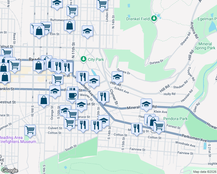 map of restaurants, bars, coffee shops, grocery stores, and more near 134 Clymer Street in Reading