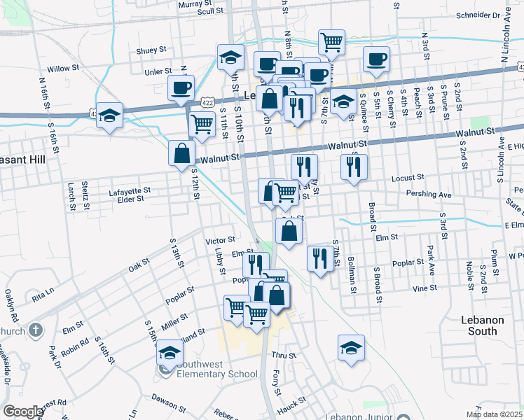 map of restaurants, bars, coffee shops, grocery stores, and more near 922 Elizabeth Street in Lebanon