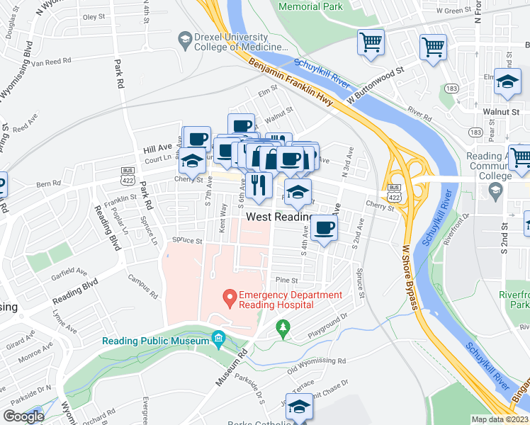 map of restaurants, bars, coffee shops, grocery stores, and more near 515 Chestnut Street in Reading