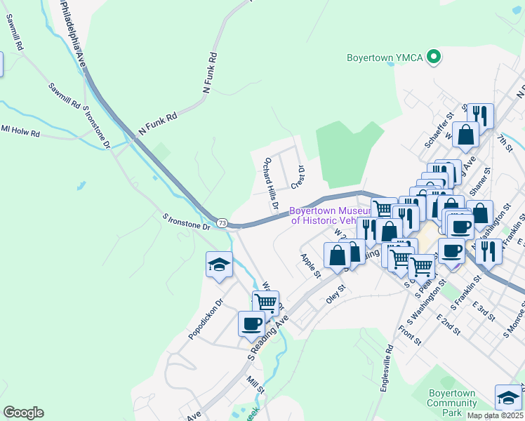 map of restaurants, bars, coffee shops, grocery stores, and more near 445 West Philadelphia Avenue in Boyertown