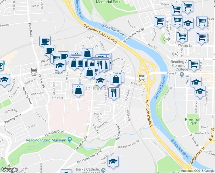 map of restaurants, bars, coffee shops, grocery stores, and more near 121 South 4th Avenue in Reading