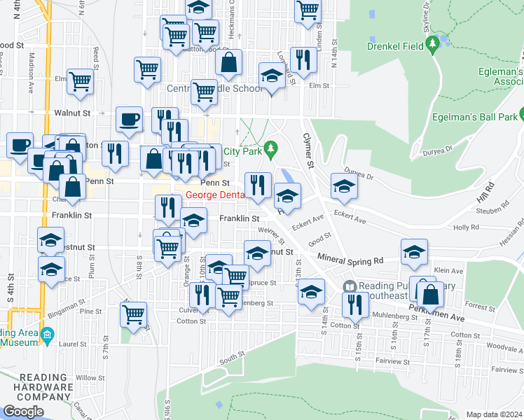 map of restaurants, bars, coffee shops, grocery stores, and more near 1164 Perkiomen Avenue in Reading
