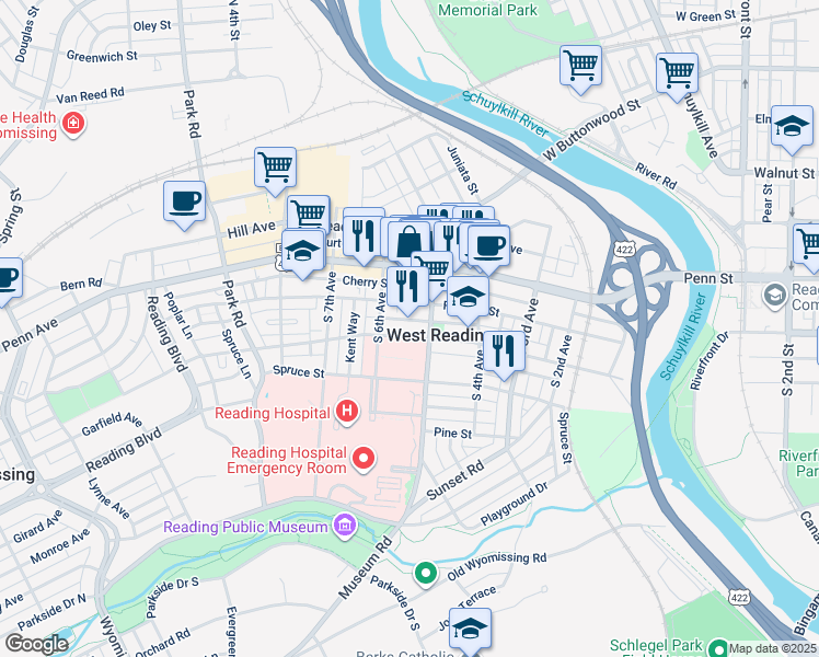 map of restaurants, bars, coffee shops, grocery stores, and more near 529 Chestnut Street in Reading