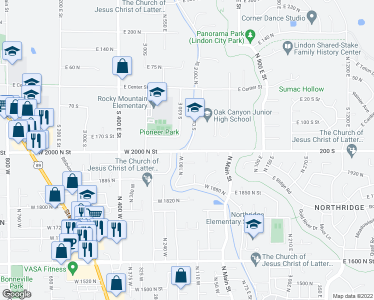 map of restaurants, bars, coffee shops, grocery stores, and more near 196 South 725 East in Lindon