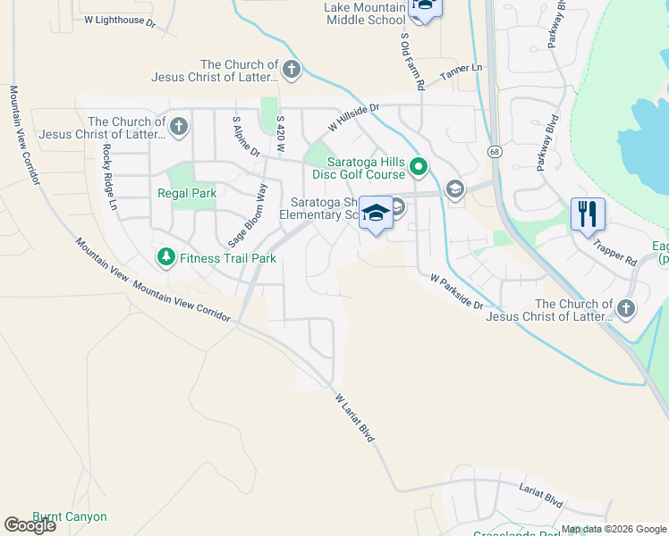 map of restaurants, bars, coffee shops, grocery stores, and more near 1524 South Lukas Lane in Saratoga Springs