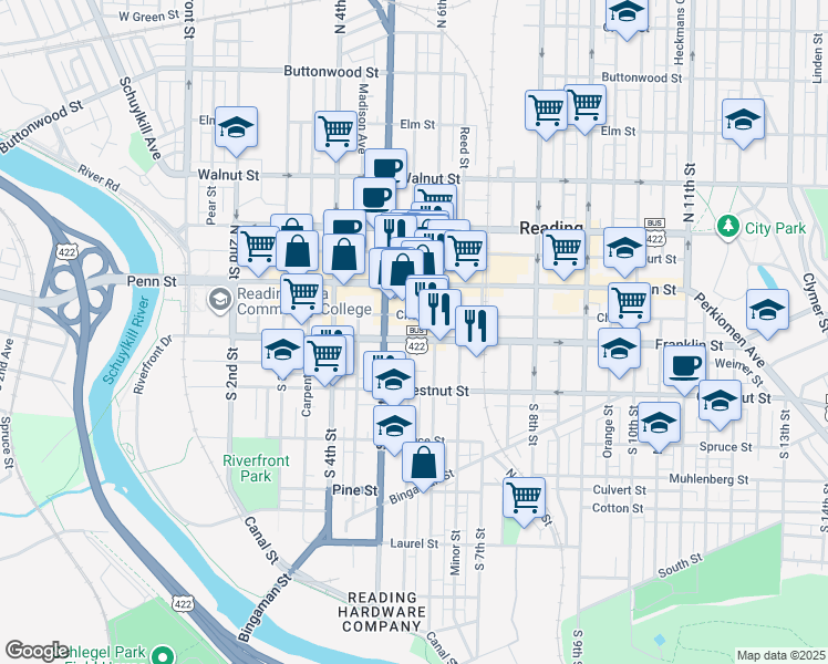 map of restaurants, bars, coffee shops, grocery stores, and more near 522 Franklin Street in Reading