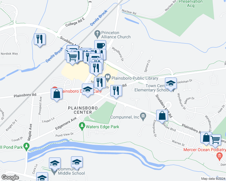 map of restaurants, bars, coffee shops, grocery stores, and more near 8 Dey Road in Plainsboro Township