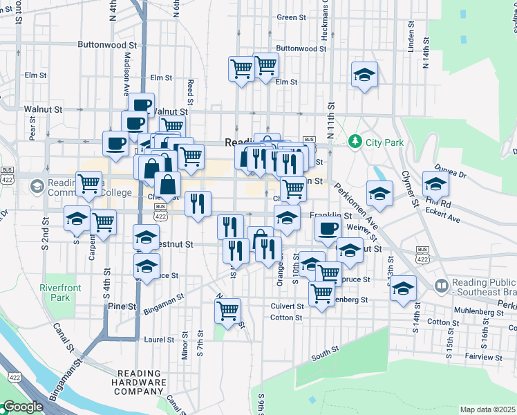 map of restaurants, bars, coffee shops, grocery stores, and more near 826 Franklin Street in Reading