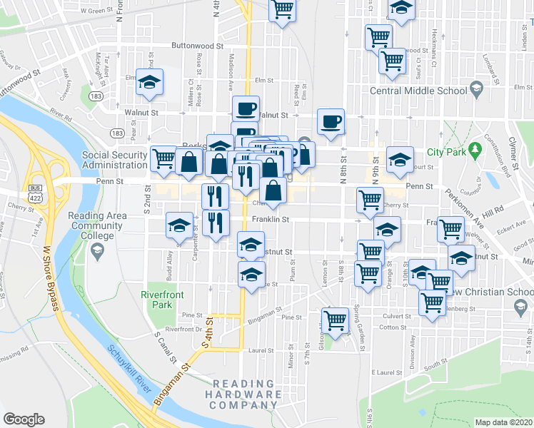 map of restaurants, bars, coffee shops, grocery stores, and more near 522 Franklin Street in Reading