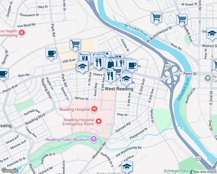 map of restaurants, bars, coffee shops, grocery stores, and more near in West Reading
