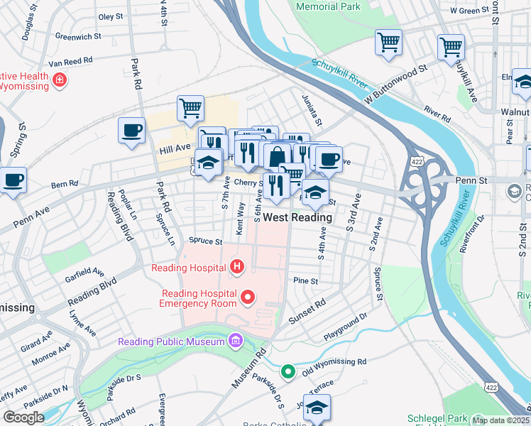 map of restaurants, bars, coffee shops, grocery stores, and more near in West Reading