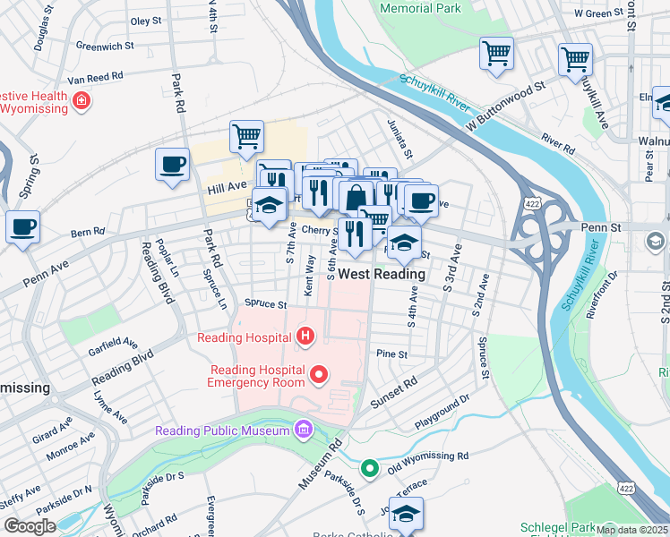 map of restaurants, bars, coffee shops, grocery stores, and more near in West Reading