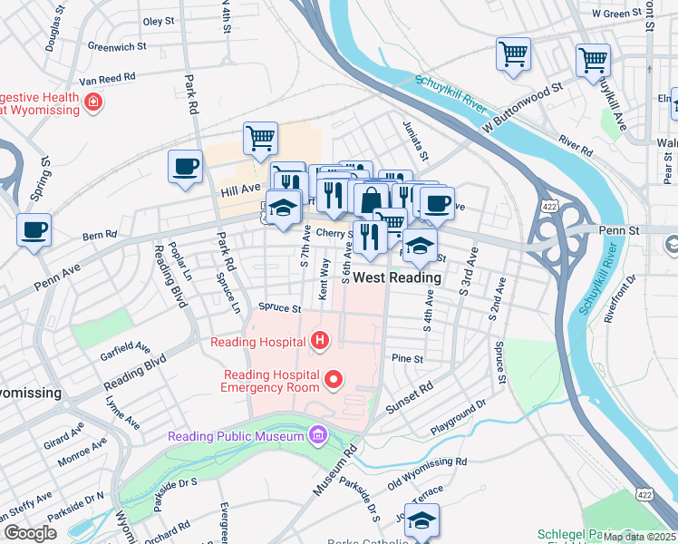 map of restaurants, bars, coffee shops, grocery stores, and more near in West Reading