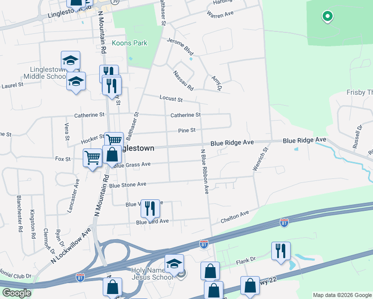 map of restaurants, bars, coffee shops, grocery stores, and more near 6212 Blue Grass Avenue in Harrisburg