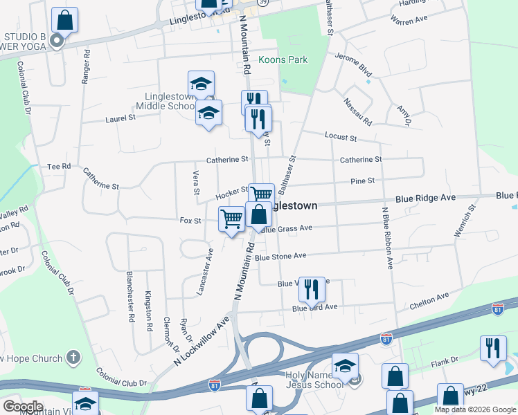 map of restaurants, bars, coffee shops, grocery stores, and more near 707 North Mountain Road in Linglestown