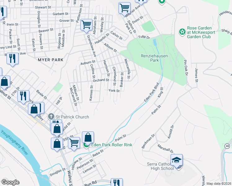 map of restaurants, bars, coffee shops, grocery stores, and more near 2715 Cleveland Street in McKeesport