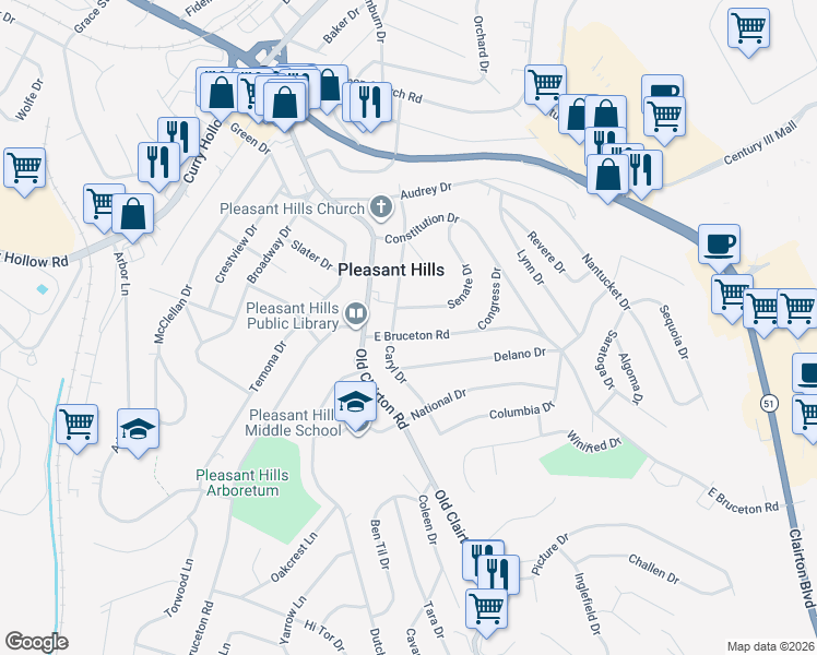map of restaurants, bars, coffee shops, grocery stores, and more near 102 East Bruceton Road in Pittsburgh