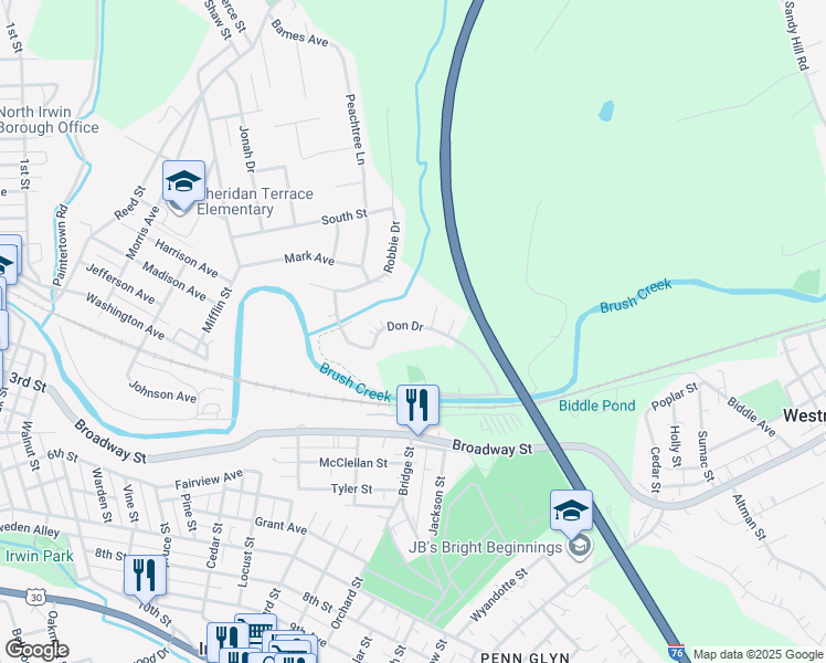 map of restaurants, bars, coffee shops, grocery stores, and more near 9540 Don Drive in Irwin