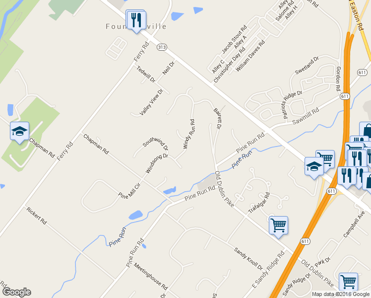 map of restaurants, bars, coffee shops, grocery stores, and more near 300 Windy Run Road in Doylestown