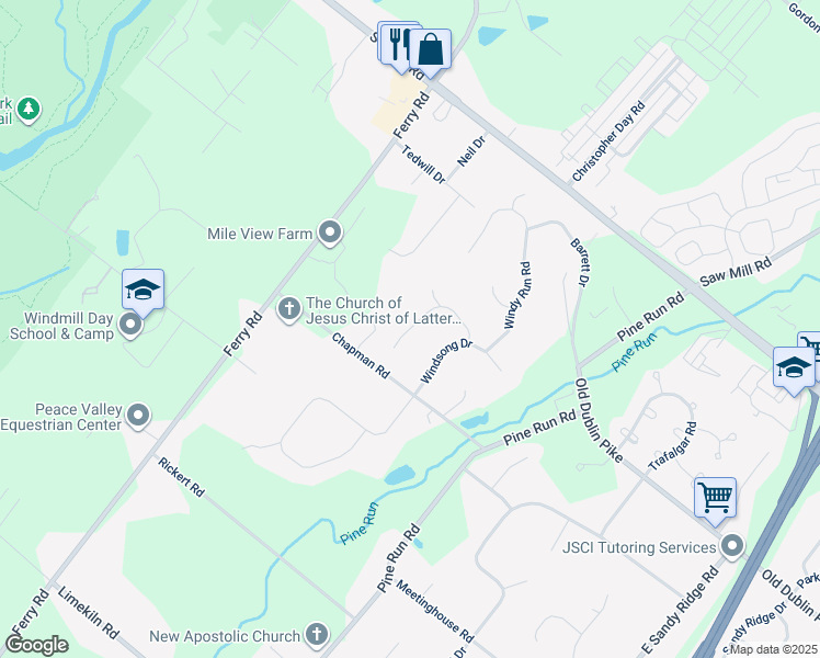 map of restaurants, bars, coffee shops, grocery stores, and more near 219 Southwind Dr in Doylestown