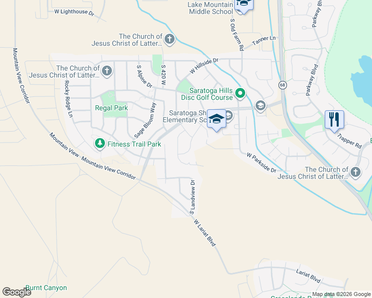 map of restaurants, bars, coffee shops, grocery stores, and more near 1537 South Lukas Lane in Saratoga Springs