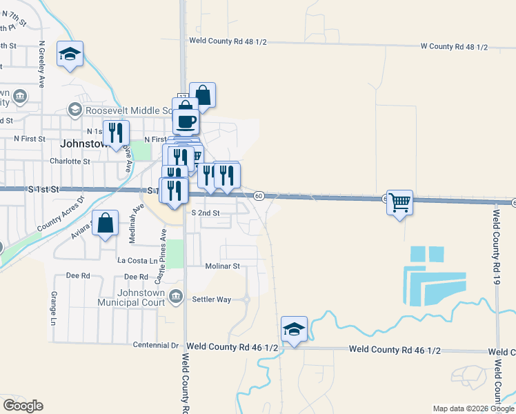 map of restaurants, bars, coffee shops, grocery stores, and more near 4468 Highway 60 in Johnstown