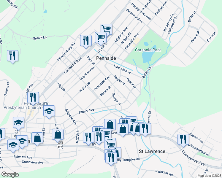 map of restaurants, bars, coffee shops, grocery stores, and more near 619 Byram Street in Reading
